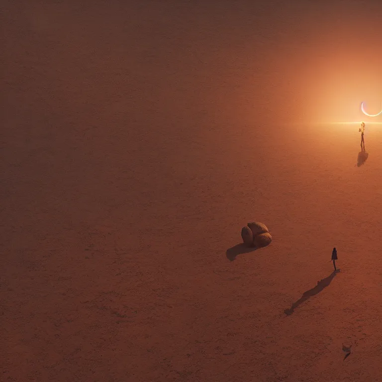 Prompt: singularity, lonely silhouette on a desert planet with three moons, highly detailed rock formations, sand storm, low camera angle, atmospheric establishing shot, cinematic lighting, octane renderer, 4k,