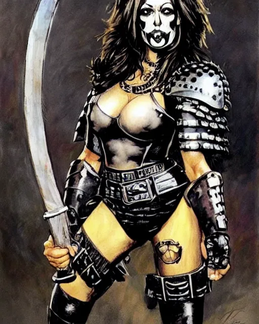 Prompt: portrait of kamala harris as a skinny punk goth soldier wearing armor by simon bisley, john blance, frank frazetta, fantasy, barbarian