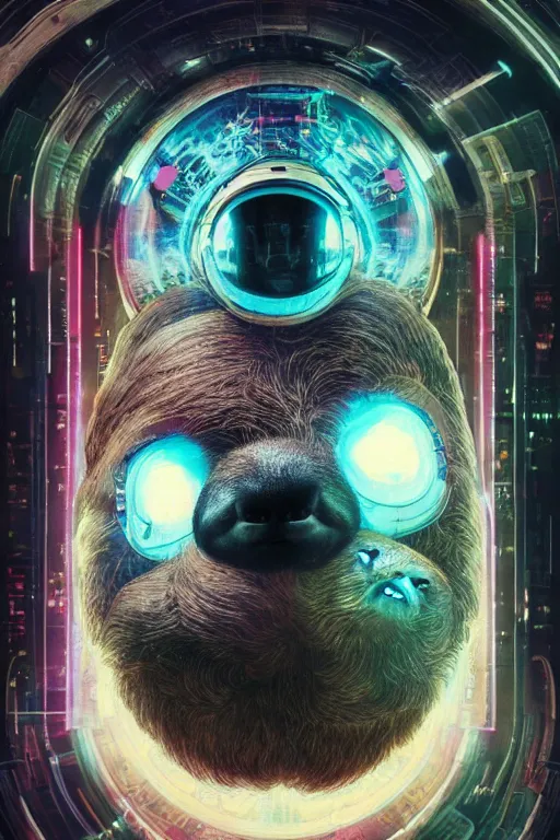 Image similar to portrait of a sloth, celestial. intricate abstract. cyberpunk, vhs glitch. glorious cosmic helmet. intricate artwork. immaculate. holy. empty oxygen tank. by wlop, Dan Witz, Boris Vallejo. octane render, CGSociety, Moebius very coherent symmetrical artwork. cinematic, hyper realism, high detail, octane render, 8k, iridescent accents, deep color