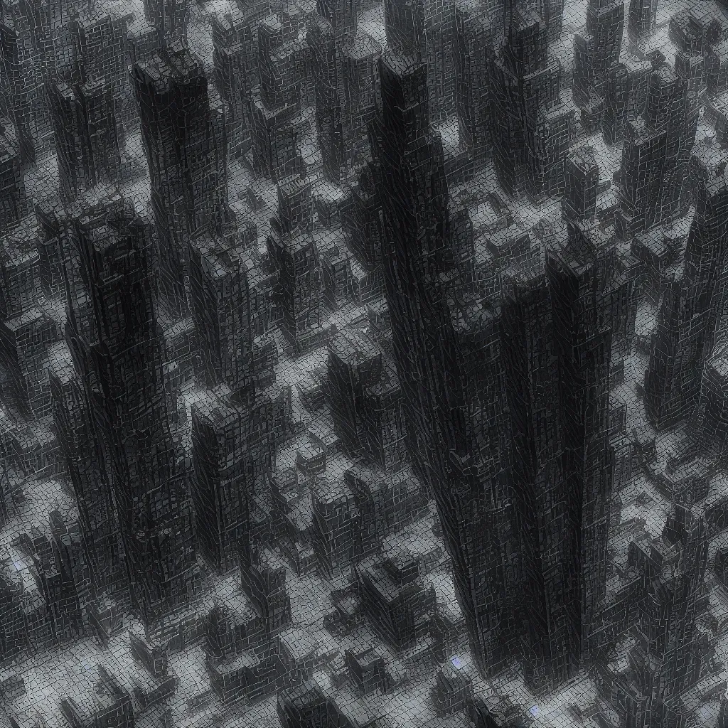 Prompt: a dark glass skyscraper made of a black rock in hell, high resolution, highly detailed, digital painting, 3d render, ray tracing, 8k resolution