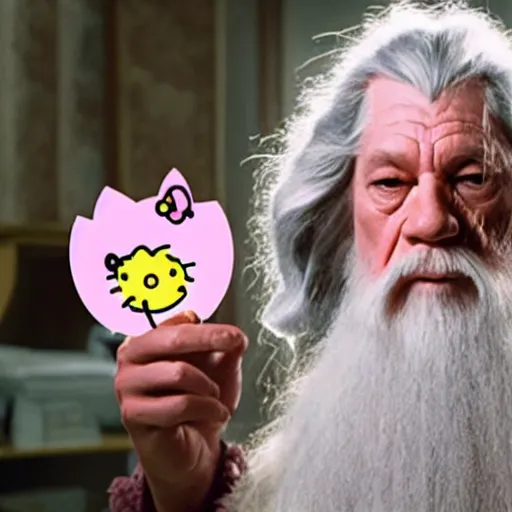 Image similar to portraid of gandalf wearing a Hello Kitty costume, holding a blank playing card up to the camera, movie still from the lord of the rings