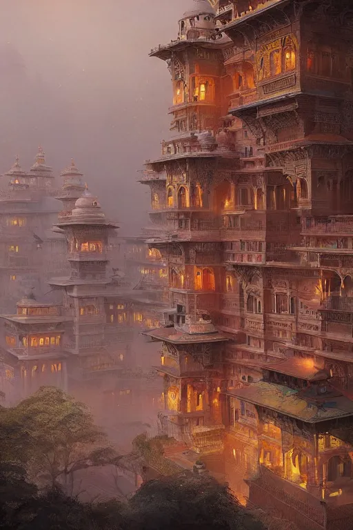 Image similar to old indian city with a breathtaking view of a magnificent maharajah palace at pink dawn, intricate, elegant, volumetric lighting, digital painting, highly detailed, artstation, sharp focus, illustration, concept art, ruan jia, steve mccurry