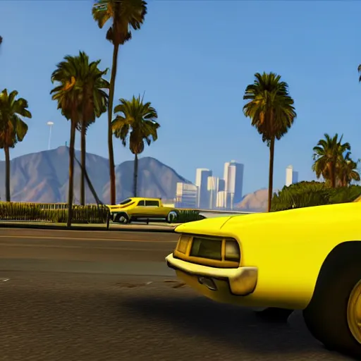 Prompt: yellow in gta v. los santos in background, palm trees in the art style of stephen bliss, 4 k