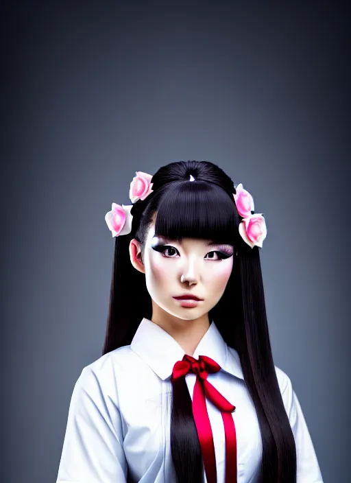 Image similar to an attractively pretty young woman with morbid thoughts wearing a Japanese-style school uniform, she is the queen of black roses. precisely soft shadowing, 8K resolution.