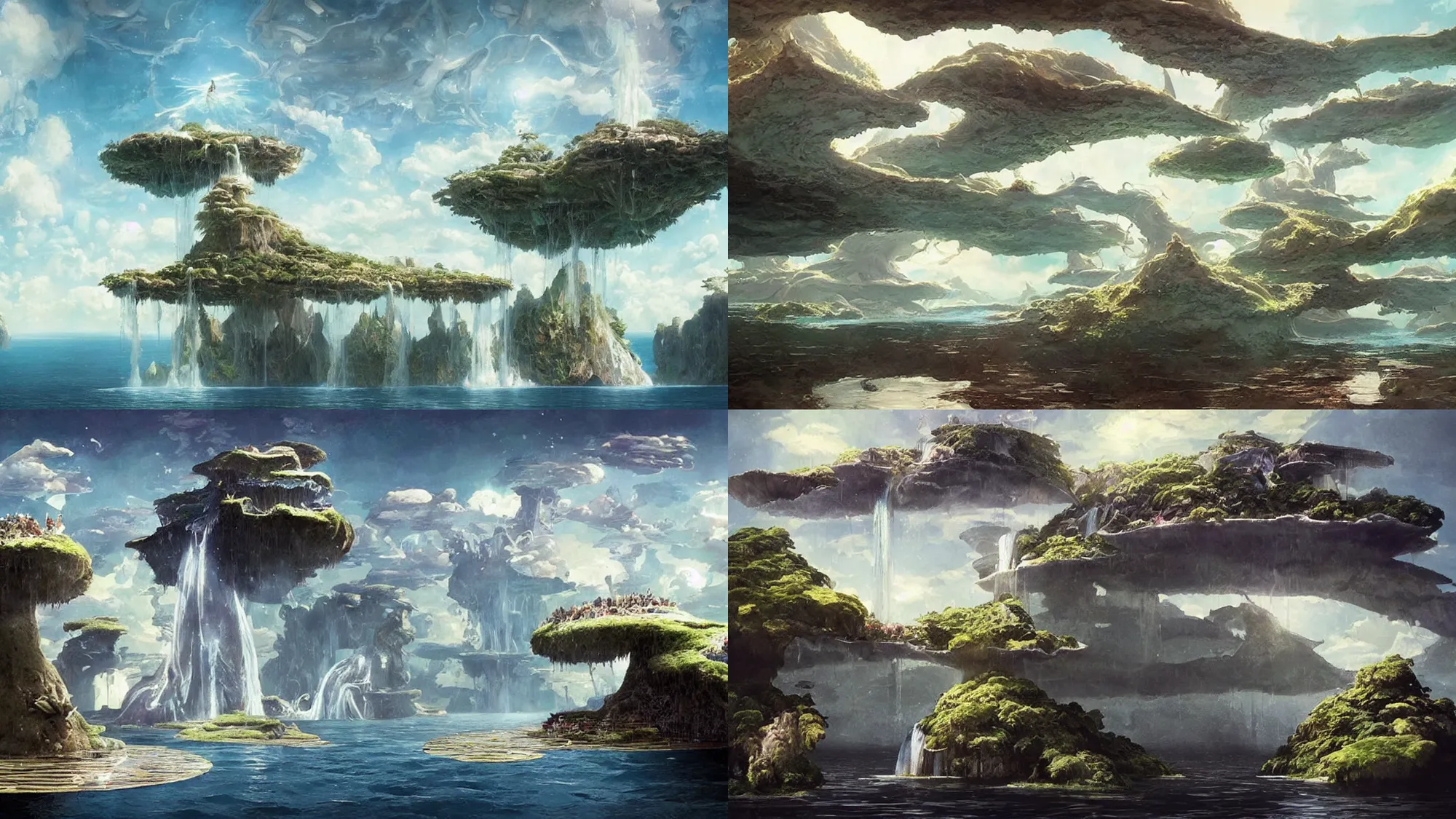 Prompt: floating islands with waterfalls connecting each other, whimsical surrealism, dream recording, deep - space imaging, fantastical setting, art by salvador dali, greg rutkowski, studio ghibli