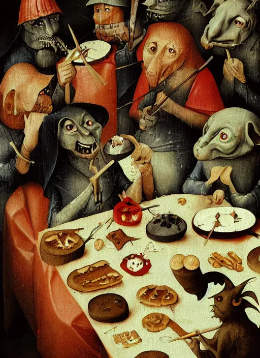 Image similar to medieval goblin eating cakes painted by hieronymus bosch, detailed digital art, trending on Artstation