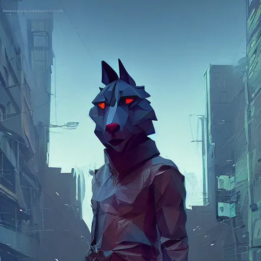 Prompt: Playstation 1 PS1 low poly low poly graphics portrait of furry anthro anthropomorphic wolf head animal person fursona wearing clothes in a futuristic cyberpunk foggy city alleway Greg Rutkowski, Simon Stalenhag, christopher nolan trending on Artstation, CGSociety