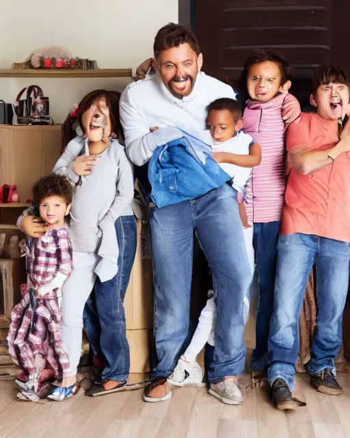 Image similar to a man with five children protecting a jeans and screaming