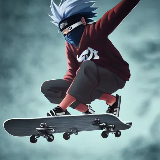 Prompt: kakashi at a skatepark, 8k, fully detailed, cinematic lighting, professional digital painting, kickflip,