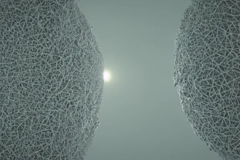 Image similar to a window to a complex organic fractal 3 d ceramic close - up humanoid megastructure, cinematic shot, foggy, photo still from movie by denis villeneuve