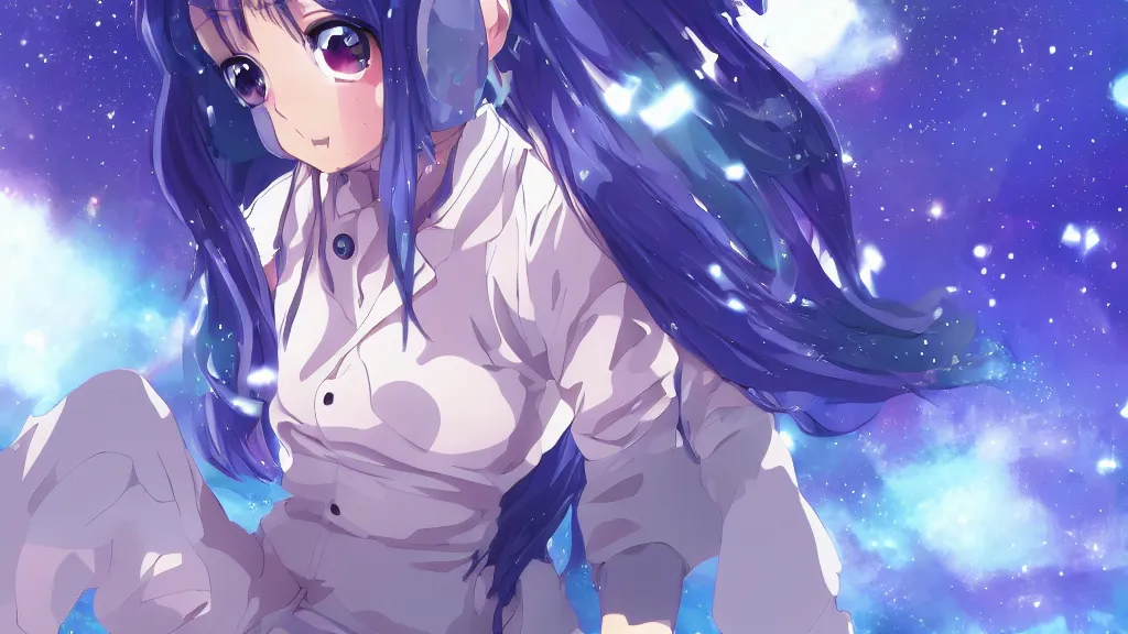 Image similar to a beautiful anime girl with blue hair in a sealed space suit in awe looking at the beauty of the universe. key-visual, digital art, anime style, mihoyo, pixiv, 4k