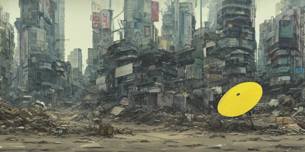 Image similar to a giant robot invasion side view, yellow parasol in deserted dusty shinjuku junk town, incredible wide screenshot, ultrawide, simple watercolor, rough paper texture, ghost in the shell movie scene, broken vending machines, bold graphic graffiti, old pawn shop, bright sun bleached ground, mud, fog, dust, windy, scary robot monster lurks in the background, ghost mask, teeth, animatronic, black smoke, pale beige sky, junk tv, texture, brown mud, dust, tangled overhead wires, telephone pole, dusty, dry, pencil marks, genius party, shinjuku, koji morimoto, katsuya terada, masamune shirow, tatsuyuki tanaka hd, 4k, remaster, dynamic camera angle, deep 3 point perspective, fish eye, dynamic scene