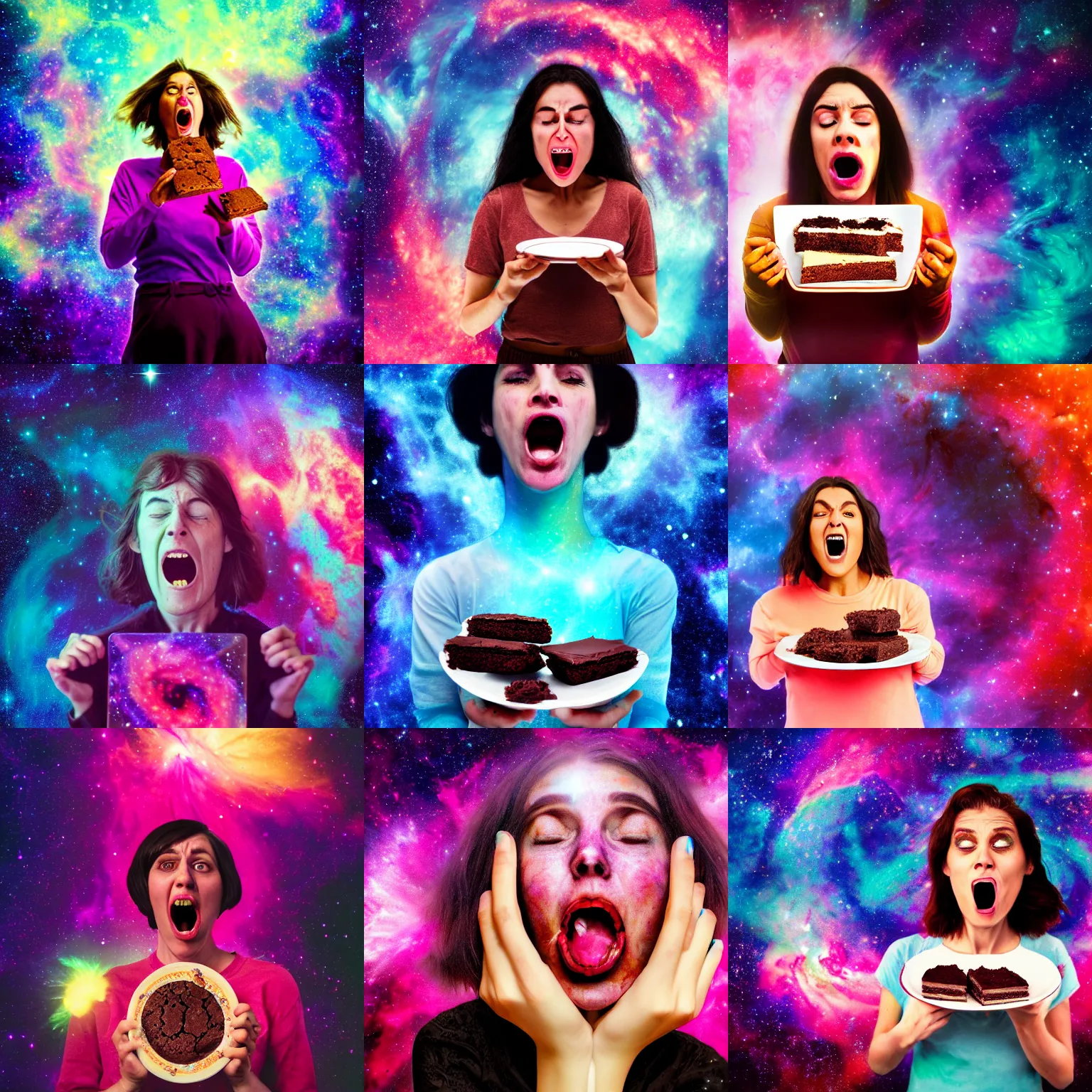 Prompt: a surprised screaming woman holding a plate of brownies, surrounded by a beautiful nebula. poster art, behance contest winner, psychedelic art, portait, 4 k, 8 5 mm photo