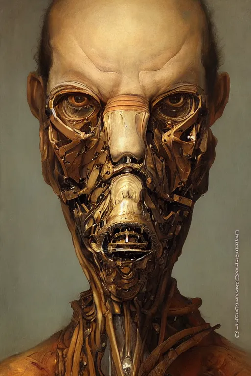 Prompt: beautiful clean oil painting biomechanical portrait of man face with mask of madness by huaishen j, wayne barlowe, freud lucian, rembrandt, complex, stunning, realistic, skin color