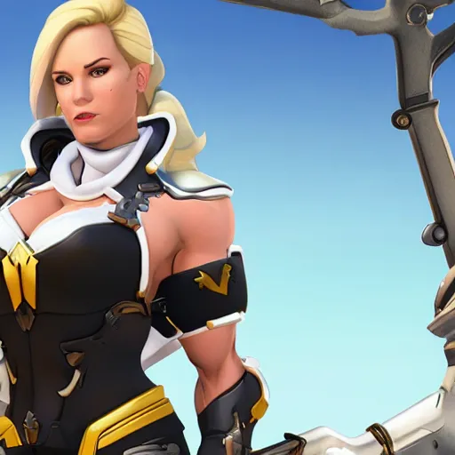 Image similar to a screenshot of arnold schwarzenegger as mercy in overwatch, full body shot