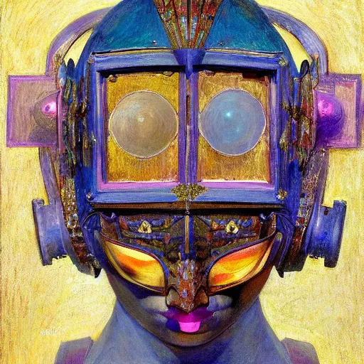 Image similar to the robot in her bejeweled bird mask, by Annie Swynnerton and Diego Rivera, symbolist, dramatic lighting, elaborate geometric ornament, Art Deco,god rays, soft cool colors,smooth, sharp focus, extremely detailed, Adolf Wölfli