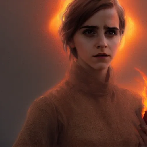 Prompt: A highly detailed 4K fantasy matte painting of Emma Watson on fire portrait. zdzislaw beksinski, ArtStation, CGSociety, Unreal Engine