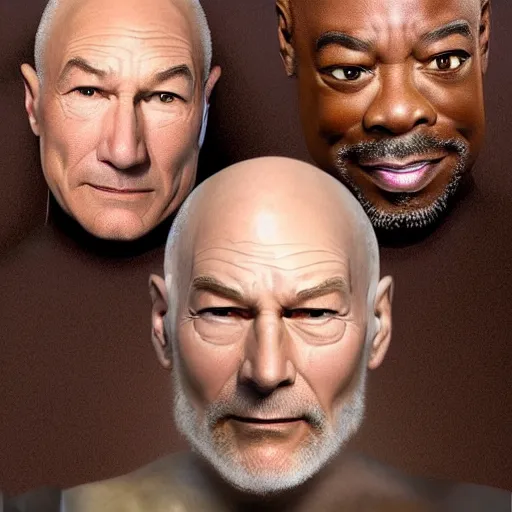 Image similar to a man who is a genetic combination of patrick stewart and jonathan frakes and levar burton and michael dorn and brent spiner, face and upper - body focus, detailed eyes