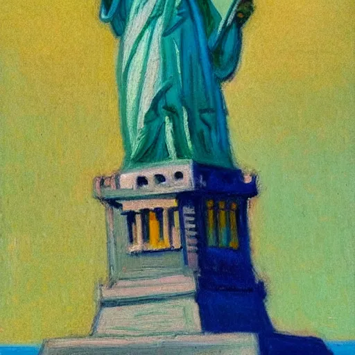 Image similar to portrait of the statue of liberty, in the style of Edward Hopper and Vincent Van Gogh, 4k,