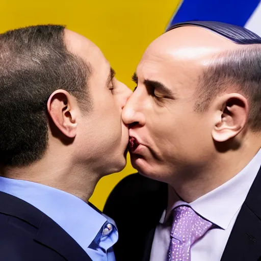 Image similar to benjamin netanyahu kissing naftali bennet, realistic, detailed