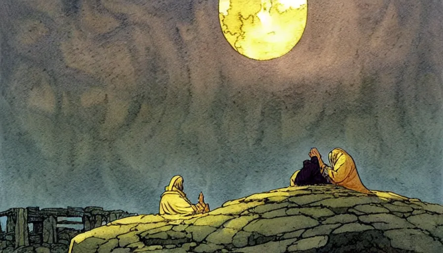 Image similar to a realistic and atmospheric watercolour fantasy concept art of a shiny metallic ufo landing in a large stonehenge. medieval monk in grey robes on his knees praying. a crescent moon in the sky. muted colors. by rebecca guay, michael kaluta, charles vess and jean moebius giraud