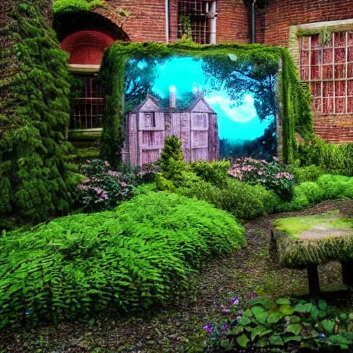 Image similar to projector showing a garden made by hp lovecraft, photography,