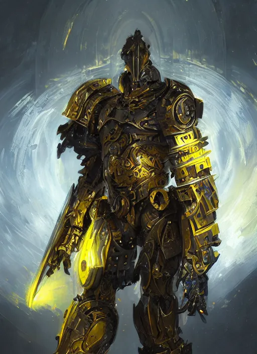 Image similar to dynamic abstract portrait of a intricate glorious holy mechanical warforged character in yellow armor holding a paladin engraved great longsword drawn and carrying a big paladin shield, beam glowing eye , face in focus, epic , trending on ArtStation, masterpiece, cinematic lighting, by Ross Tran and by Greg Rutkowski
