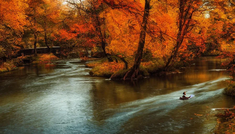 Image similar to a beautiful woman turning into a peaceful river, it's autumn and a gentle breeze is moving leaves around, cinematic lighting, establishing shot, art station