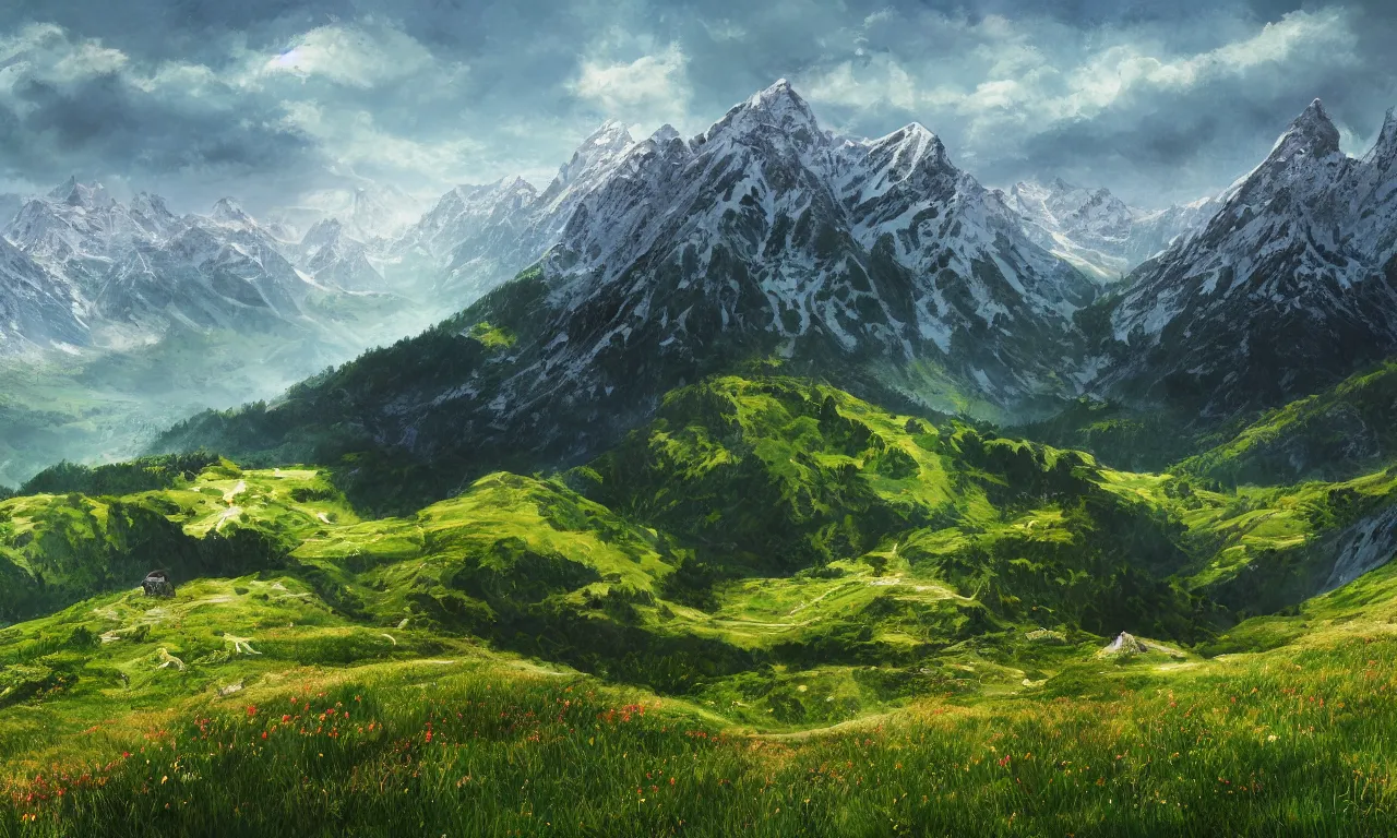 Prompt: realistic view from a mountaintop, high mountains, green meadow, alps, pyranees, digital painting, realistic lighting