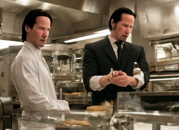 Image similar to film still of keanu reeves as agent smith working in a bakery in the new matrix movie, 4 k