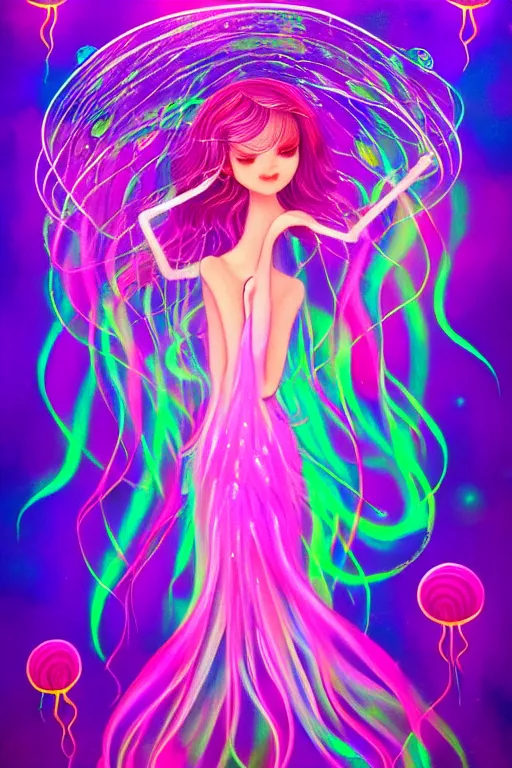 Prompt: jellyfish fairy | a concept of melancholic euphoric heartshine in the crush of oblivion. the vibrancy of nouveau is gilded with hollow - wishes. trending on artstation. vivid neon ink painting.