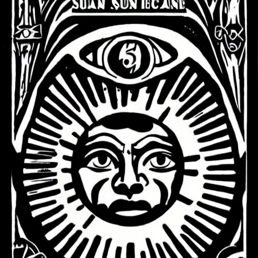 Prompt: The sun with a face. Sun Heraldry. Dark Fantasy, Film Noir, Black and White. High Contrast, Mike Mignola, D&D, OSR