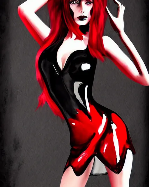 Image similar to Digital painting of a female model posing in a black latex dress, gothic, short red hair, black and red tones, dramatic background, concept art