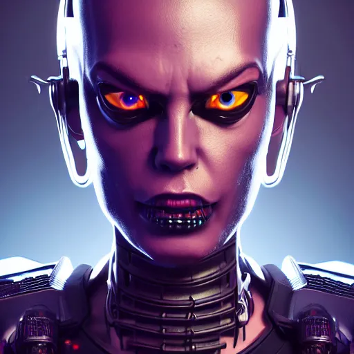 Image similar to evil cyberpunk dark lord, highly detailed, photorealistic portrait, bright studio setting, studio lighting, crisp quality and light reflections, unreal engine 5 quality render