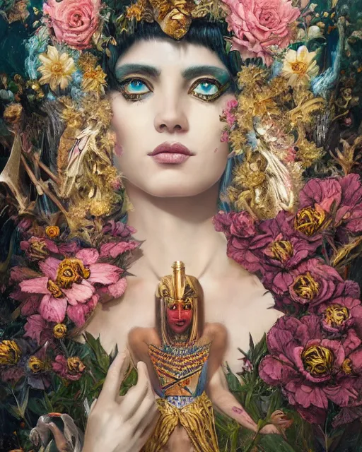 Image similar to portrait of the egyptian queen of the underworld, surrounded by flowers by karol bak, james jean, tom bagshaw, rococo, sharp focus, trending on artstation, cinematic lighting, hyper realism, octane render, 8 k, hyper detailed.