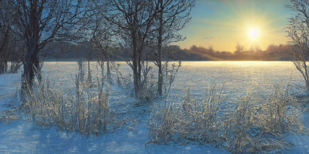 Prompt: a beautiful frozen lake landscape in winter, romantic ambiente, no people, tall grown reed on riverbank, no mountains, clear sky, sunshine, colorful, by Mohrbacher and Moebius and Alphonse Mucha and Roger Deakins, cinematic lighting, masterpiece, highly detailed, 8k resolution, trending on art station