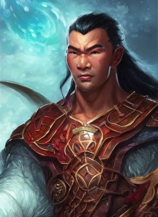 Image similar to muscly asian man mid parted hair, dndbeyond, bright, colourful, realistic, dnd character portrait, full body, pathfinder, pinterest, art by ralph horsley, dnd, rpg, lotr game design fanart by concept art, behance hd, artstation, deviantart, hdr render in unreal engine 5