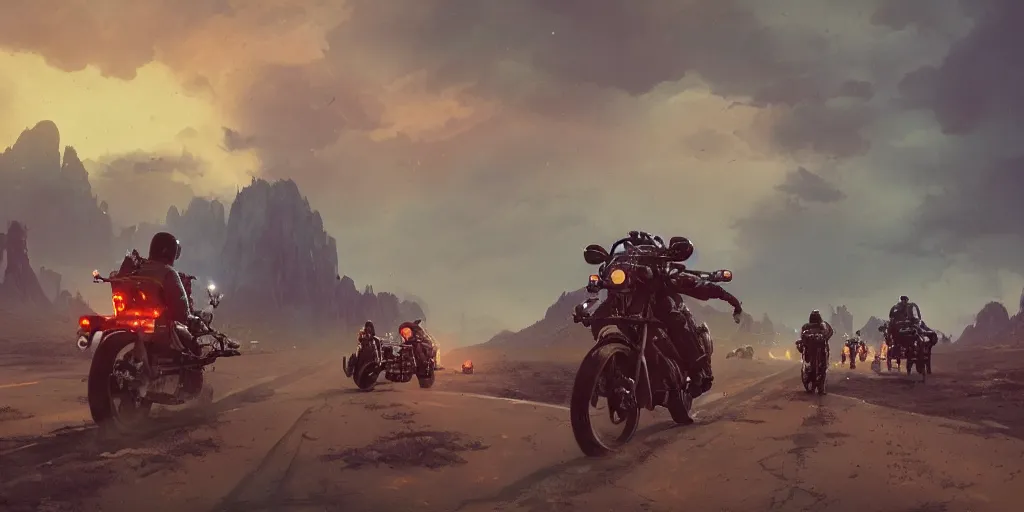 Image similar to american astronaut driving a motorcycle, tribe members chasing, action scene, an epic fantasy, dramatic lighting, cinematic, establishing shot, extremely high detail, photorealistic, cinematic lighting, artstation, octane render, by simon stalenhag, horizon forbidden west