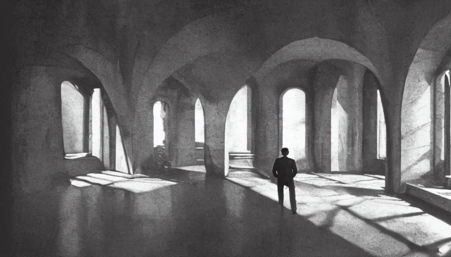 Prompt: 1 9 7 0 s andrei tarkovsky movie still of a man in red drapery in esoteric architecture, by piranesi, panoramic, ultra wide lens, cinematic light, anamorphic