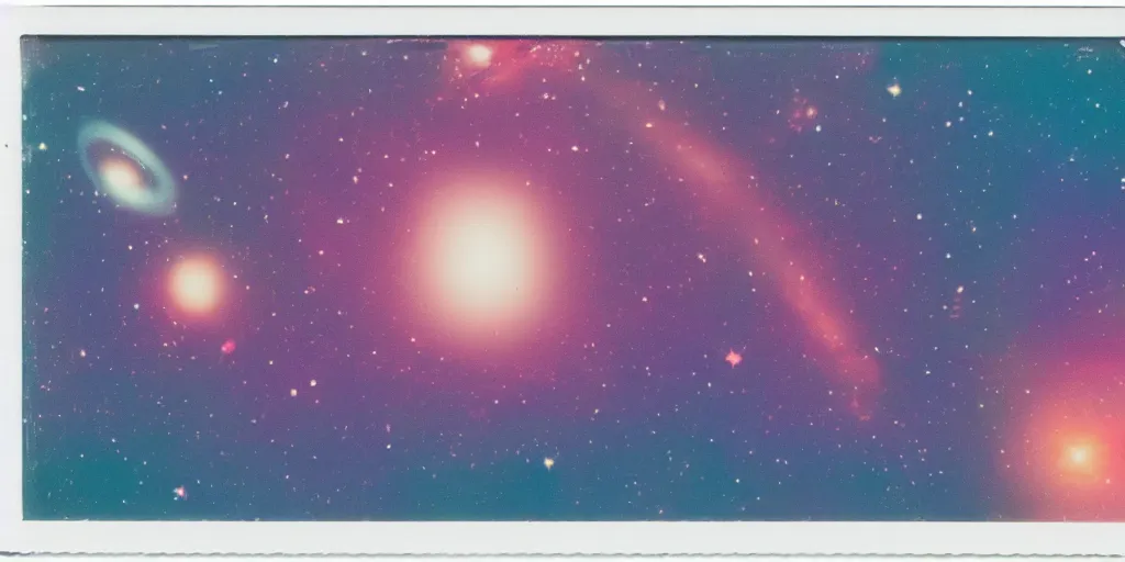 Image similar to polaroid photo of the galaxy, deep black sky, colourful stars and planets, cyan blue color bleed