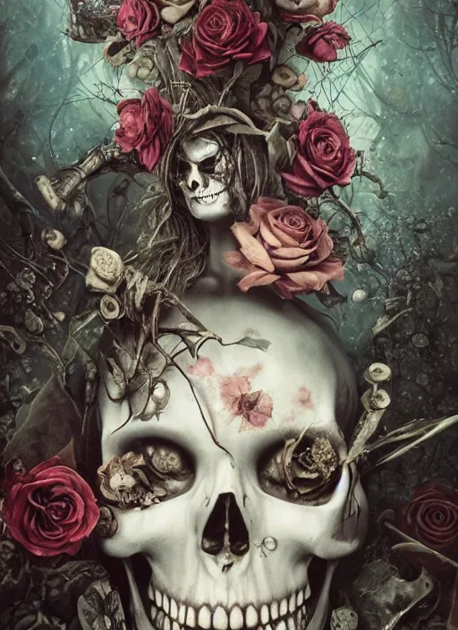 Image similar to Alice in Wonderland,roses,bullets,death tarot card,highly detailed,half skull face,cinematic,8k,by Stanley Artgermm,Tom Bagshaw,Greg Rutkowski,Carne Griffiths, Ayami Kojima, Beksinski, Giger,trending on DeviantArt,hyper detailed,horror, full of colour