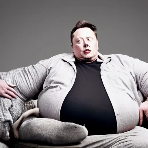 Image similar to morbidly obese elon musk with torn clothes lying on a couch with tv remote in his hand bored face 4k