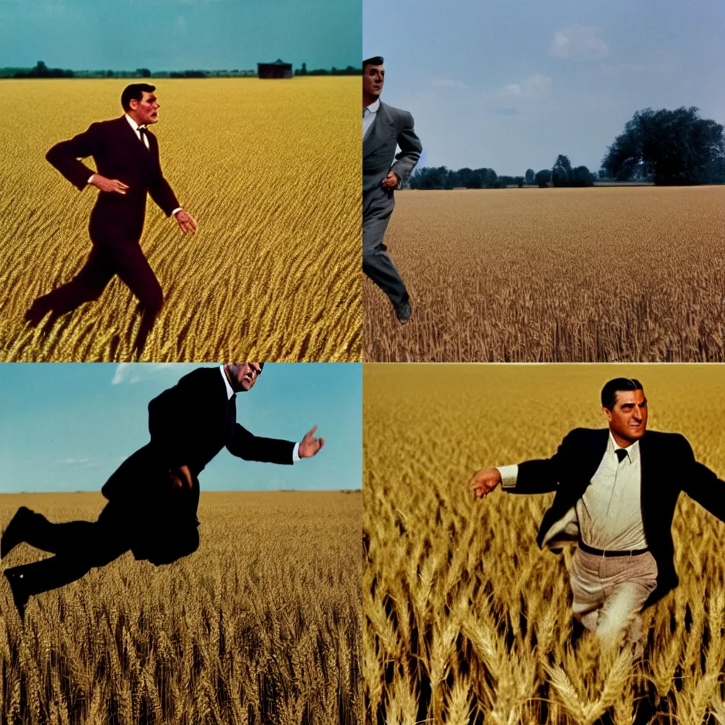 Prompt: cary grant running from a plane in a wheat field in death by northwest by hitchcock. technicolor, vibrant colors, 5 0 mm.