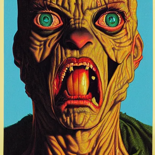 Prompt: face split in middle half lizard half human by greg hildebrandt. 1 9 8 0 s horror movie poster