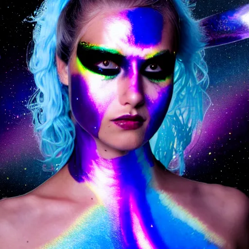 Prompt: a pirate, she is wearing iridescent bodypaint and futuristic space clothes