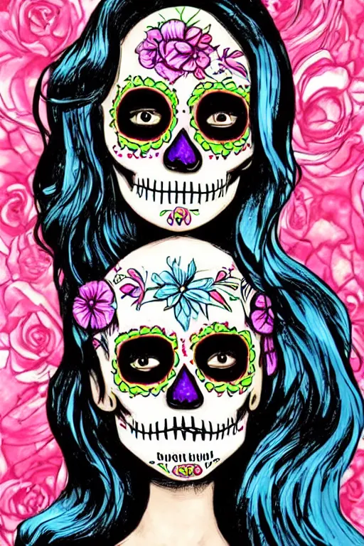 Prompt: illustration of a sugar skull day of the dead girl, art by jim lee