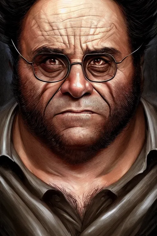 Image similar to danny devito as wolverine, realistic portrait, symmetrical, highly detailed, digital painting, artstation, concept art, smooth, sharp focus, illustration, cinematic lighting, art by artgerm and greg rutkowski and alphonse mucha