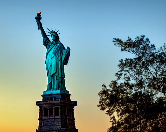 Image similar to 4 k hd, high resolution photograph of statue of liberty at sunrise, shot with sigma f / 4. 2, 2 5 0 mm sharp lens, wide shot, volumetric lighting, high level texture render