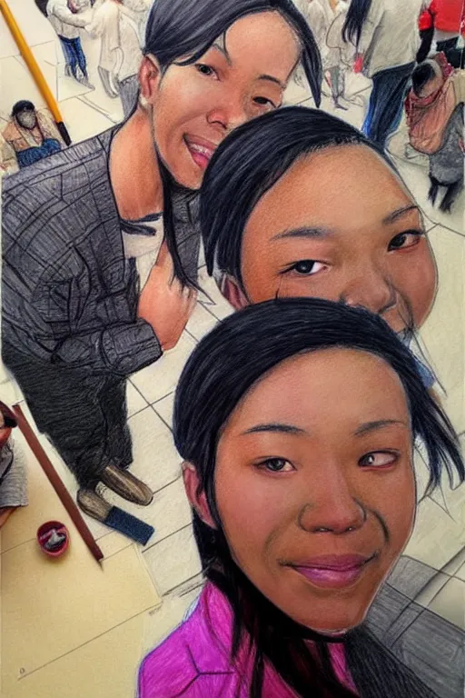 Prompt: last selfie before train accident, realistic, sketch and art by jacqueline e, mongezi ncaphayi, color by bo feng lin