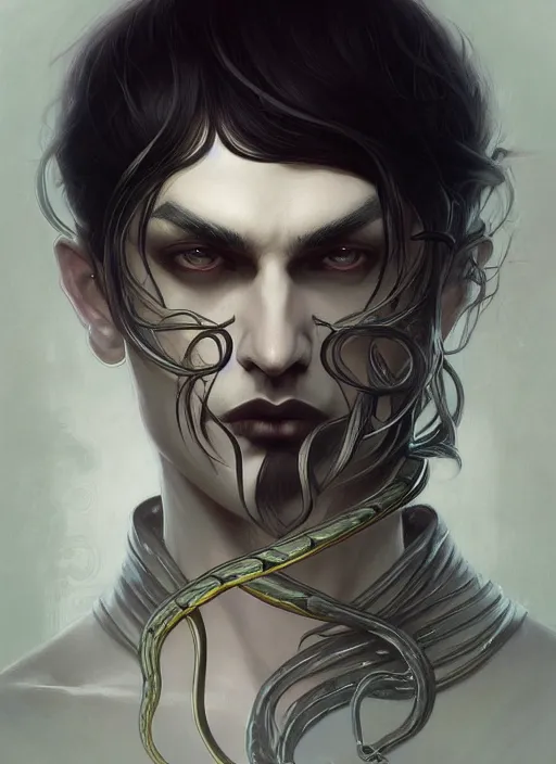 Image similar to symmetry!! portrait of a man with snake hair, gothic, dark, intricate, elegant, highly detailed, digital painting, artstation, concept art, smooth, sharp focus, illustration, art by artgerm and greg rutkowski and alphonse mucha